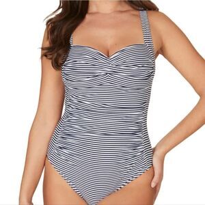 Nip Tuck Women's Navy Sorrento Stripe Joanne Twist Front Tummy-Control swimsuit